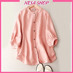 Mua Áo sơ mi nữ form rộng kiểu tay lỡ cổ tròn NeSa Shop, chất liệu Đũi tơ thấm hút mồ hôi, áo sơ mi nữ nhiều màu, SMH.34 - HỒNG NHẠT - Size L...