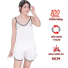 Mua Bộ đồ ngủ nữ 2 dây mặc nhà dễ thương VILADY - B111 kiểu 2 dây quần cộc màu trắng gạo mềm mát, chất liệu Lụa Pháp ( lụa latin) cao cấp - XL tại...
