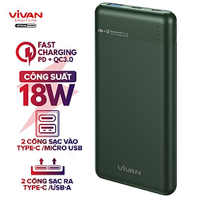 Mua Pin Sạc Dự Phòng 10.000mAh VIVAN VPB-M10 – Sạc Nhanh Chuẩn PD + QS 3.0, Công Suất 18W, 2 Cổng Sạc Vào/Ra - HÀNG CHÍNH HÃNG - Xanh tại Wook Store