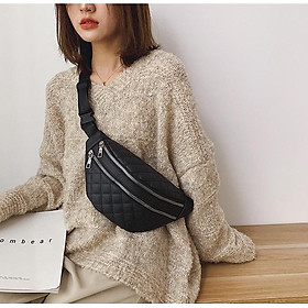 Mua Túi Đeo Chéo Bao Tử Da Hàn Quốc Nữ Thêu Chỉ Nổi Hình Quả Trám Đen tại TIẾN PHÁT STORE