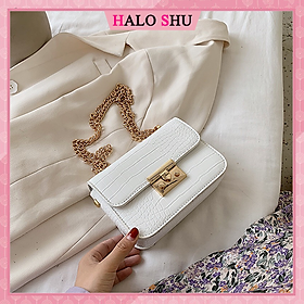 Mua Túi xách nữ, túi đeo chéo dây xích khóa Miu da vân bóng sang trọng HALO SHU size 20 mã DX003 đen trắng - Trắng tại Túi xách nữ Halo Shu