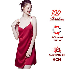 Mua Váy ngủ nữ, váy 2 dây lụa VILADY - V128 dáng suông màu đỏ đô chất liệu lụa Pháp cao cấp - XL tại VILADY OFFICIAL