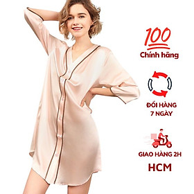 Mua Váy ngủ nữ, váy lụa cao cấp VILADY - V119 kiểu cổ V tay lỡ phối viền màu San hô, chất liệu lụa Pháp ( lụa latin) - L tại VILADY OFFICIAL